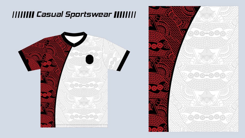 Desain kaos olahraga kasual dengan motif batik modern dan warna merah dan putih