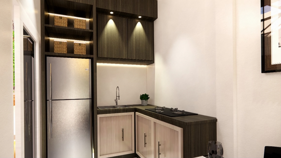 Desain interior dapur minimalis modern dengan lemari penyimpanan dan meja dapur