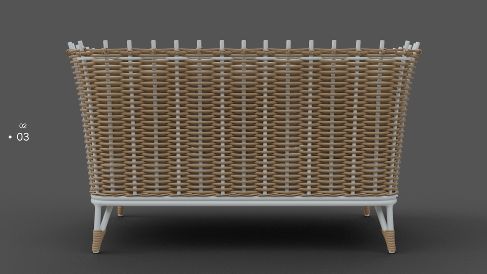 Jasa desain interior 3D untuk ruang tamu dengan model sofa rotan minimalis.
