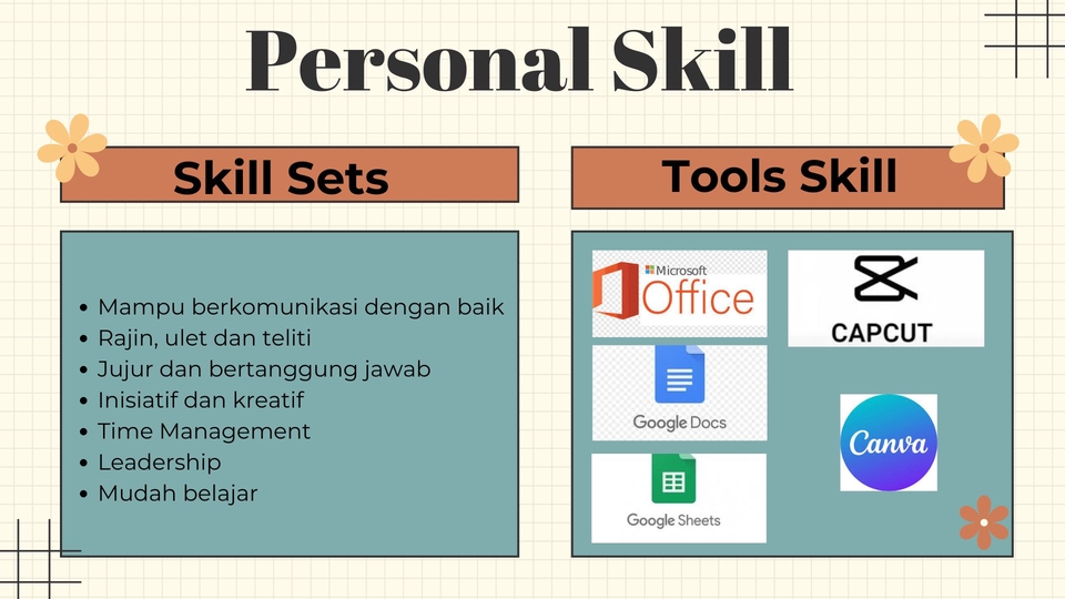 Jasa Admin Online Shop: gambar menunjukkan beberapa skill dan tools yang dibutuhkan untuk menjadi admin online shop, seperti komunikasi, jujur, microsoft office, canva, capcut, google sheets, dan google docs.