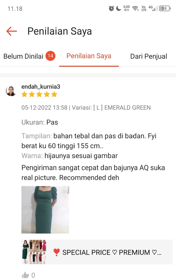 Jasa review produk - Ulasan positif pelanggan untuk baju wanita warna hijau dengan bahan tebal dan pas di badan.