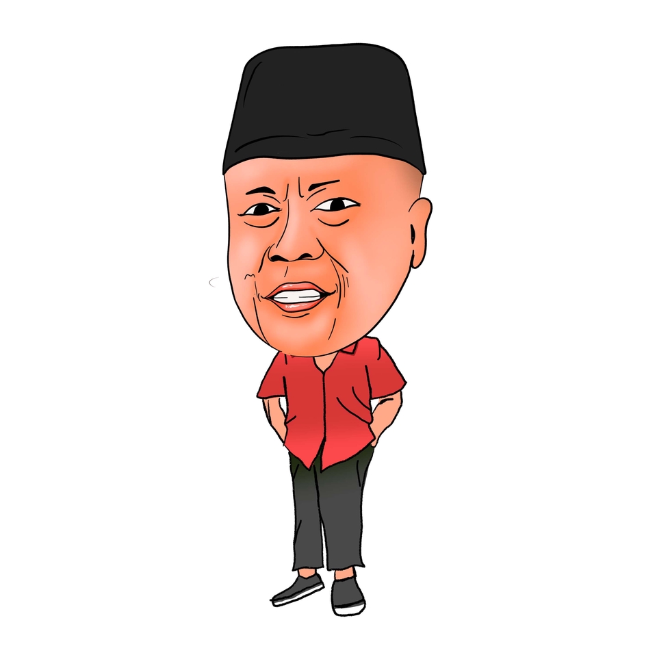 Jasa lukis karikatur wajah pria dengan topi hitam dan kemeja merah.
