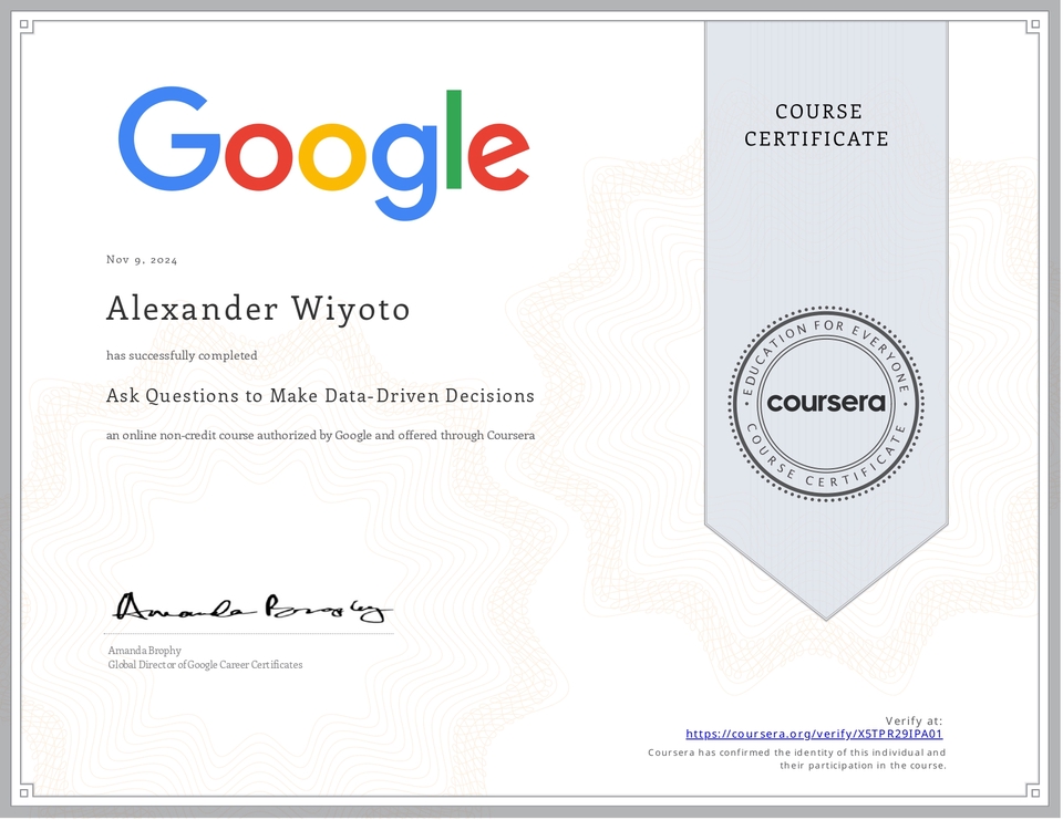 Jasa input data online: Sertifikat Google Data-Driven Decisions Alexander Wiyoto
