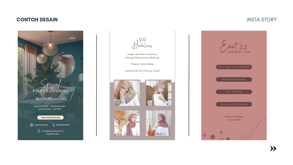 Jasa desain banner Instagram, contoh desain banner promo untuk produk fashion dan event Ramadan.