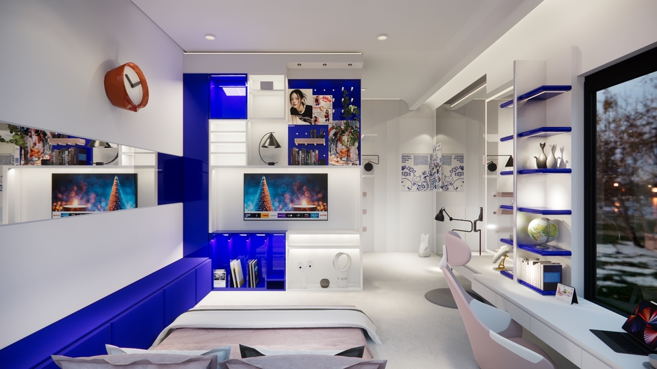 Desain interior apartemen minimalis modern dengan sentuhan warna biru dan putih, jasa desain interior apartemen.