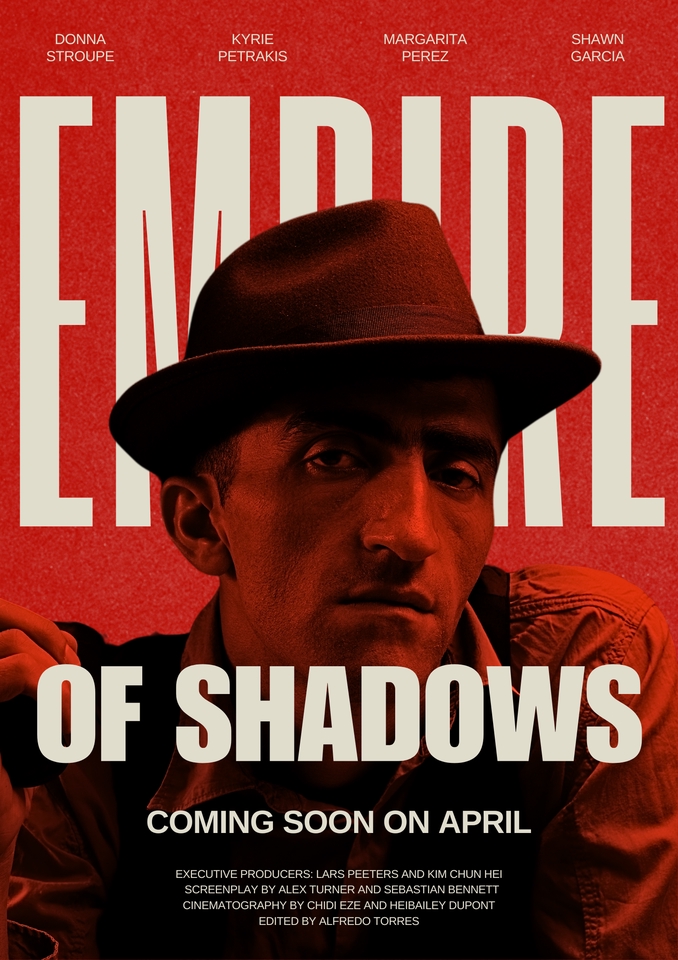 Desain infografis "Empire of Shadows" dengan latar merah dan gambar aktor yang memakai topi