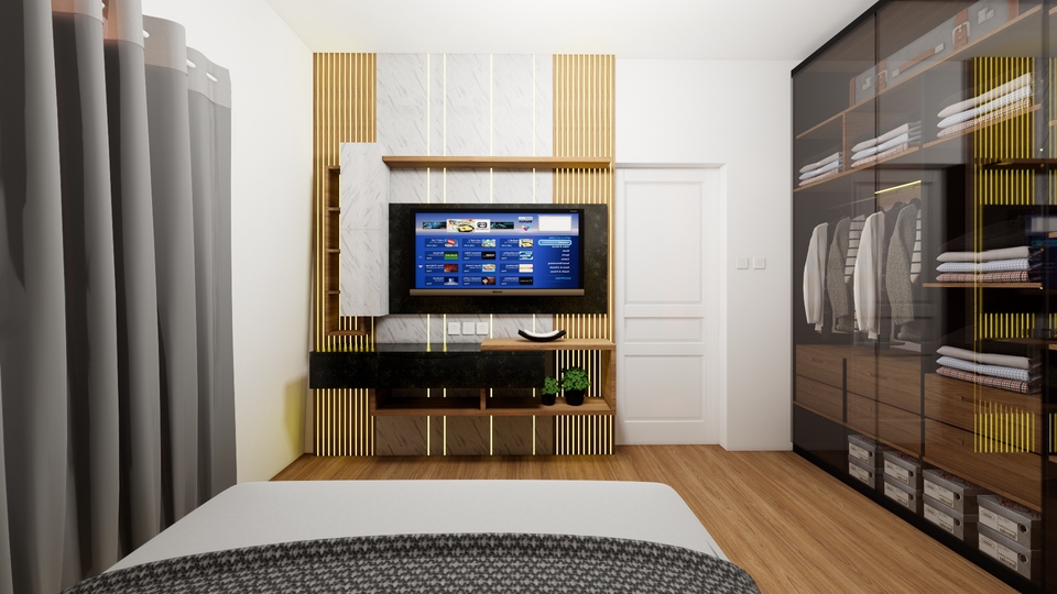 Desain interior minimalis ruang tamu dengan rak TV dan lemari pakaian. Jasa desain interior rumah, jasa desain interior apartemen.