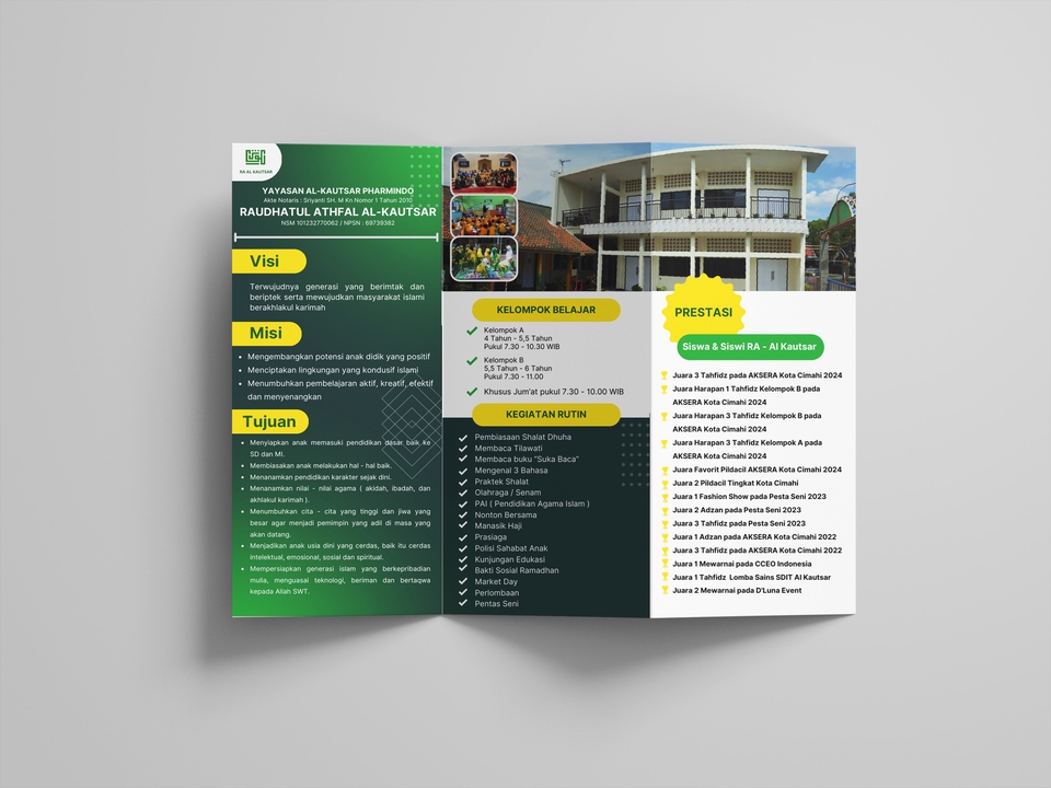 Brosur layanan jasa desain grafis dengan informasi tentang visi, misi, tujuan, dan portofolio.