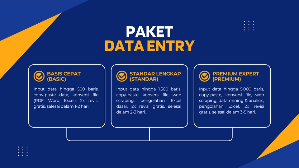Jasa Data Entry dengan paket pilihan: Basis Cepat, Standar, dan Premium Expert. Harga dan benefit setiap paket lengkap.