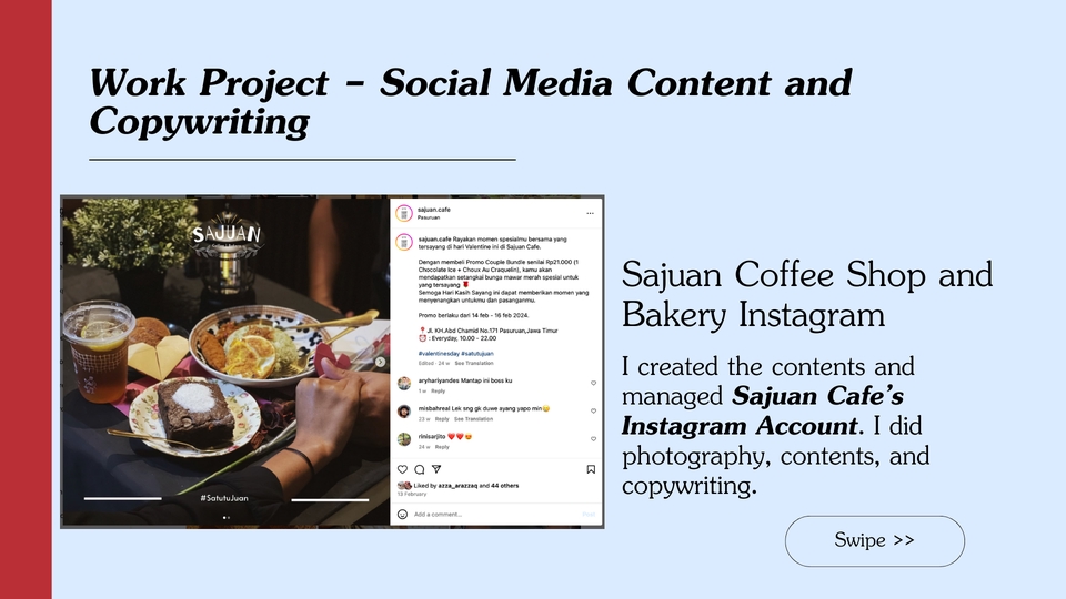 Jasa desain konten media sosial dan copywriting untuk bisnis kafe dan bakery Sajuan Coffee Shop.