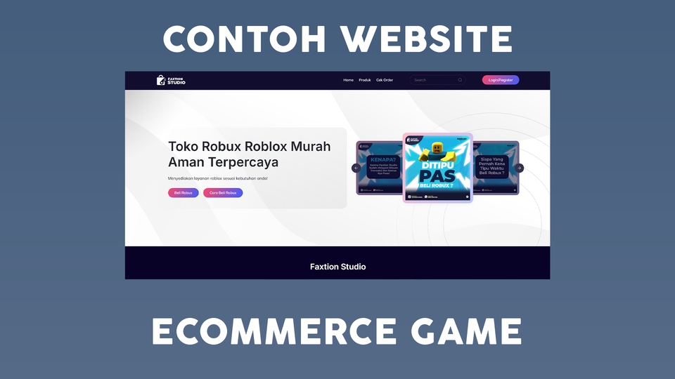 Contoh website ecommerce game dengan desain modern dan minimalis, cocok untuk toko online yang menjual game robux dengan harga murah dan aman terpercaya.