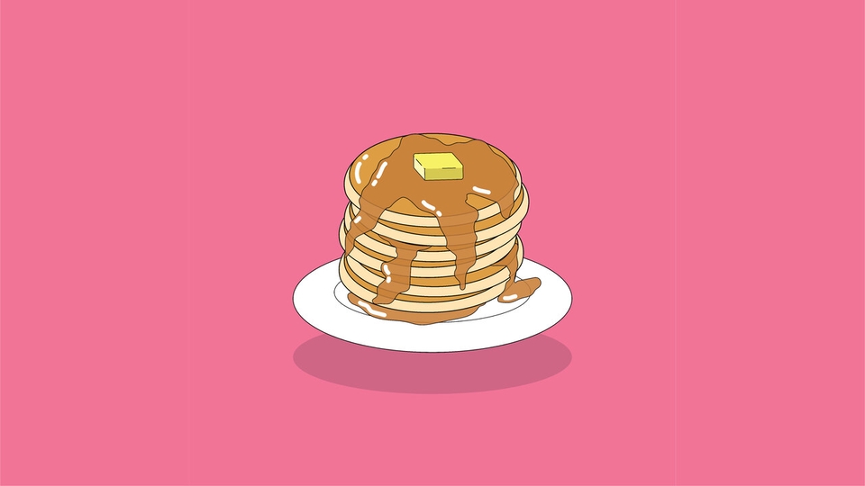Ilustrasi makanan pancake dengan mentega dan sirup maple. Jasa ilustrasi makanan, gambar ilustrasi makanan, desain ilustrasi makanan.