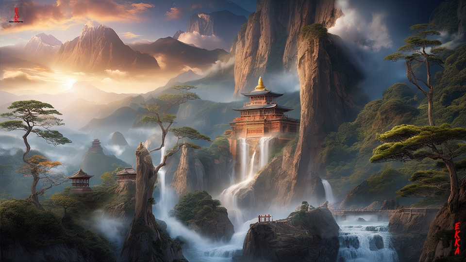 รับวาดรูปดิจิตอลเพ้นท์ ภาพประกอบศิลปะภาพวาดฝัน ภูเขา น้ำตก วัด