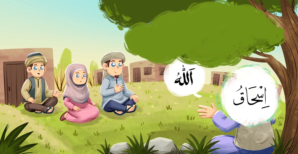 Jasa ilustrasi kartun anak muslim sedang belajar agama