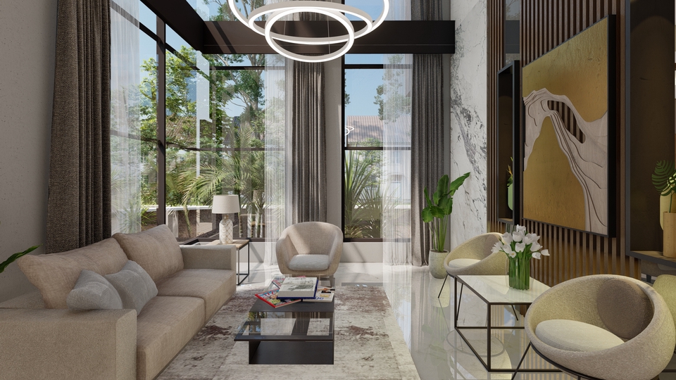 Jasa pembuatan video animasi 3d untuk ruang tamu modern dengan desain interior yang elegan.