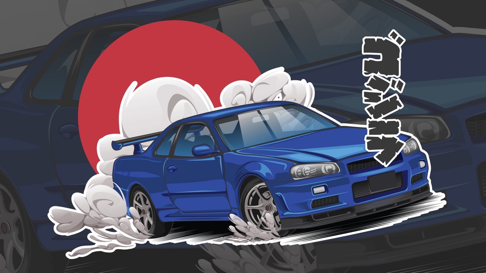 Ilustrasi kartun mobil sport berwarna biru dengan latar belakang merah dan putih.