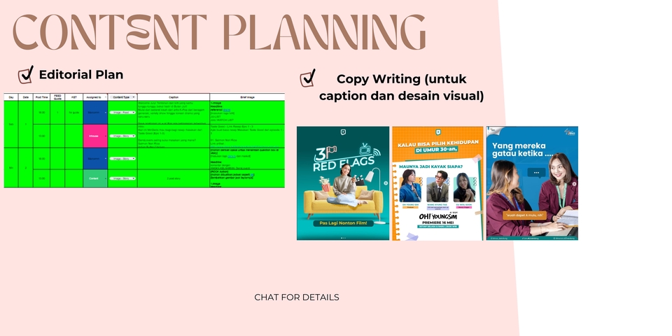 Jasa iklan facebook dan instagram dengan contoh desain visual dan editorial plan.