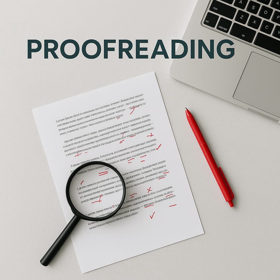 Jasa proofreading dan editing untuk dokumen dengan magnifying glass dan tanda koreksi