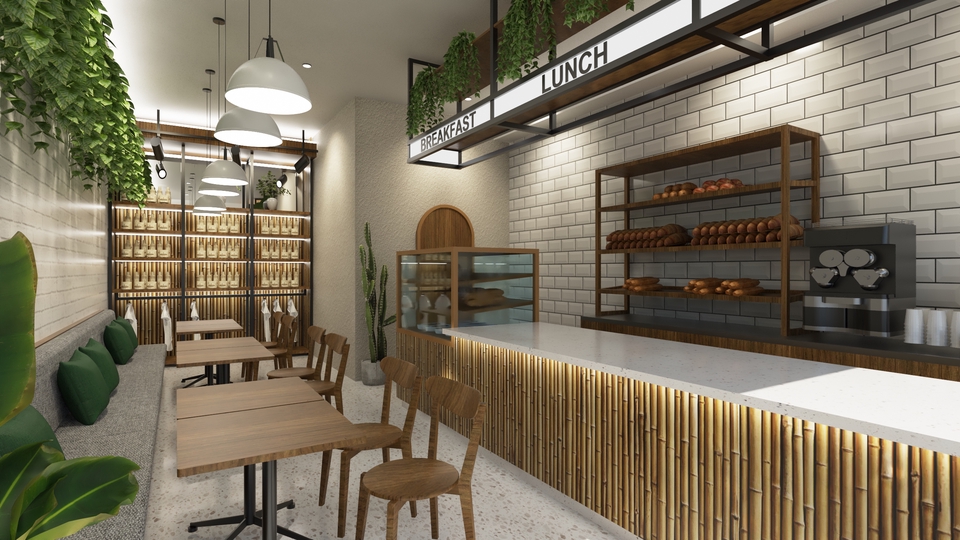 Desain meja makan minimalis dengan rak dinding kayu dan kursi kayu.