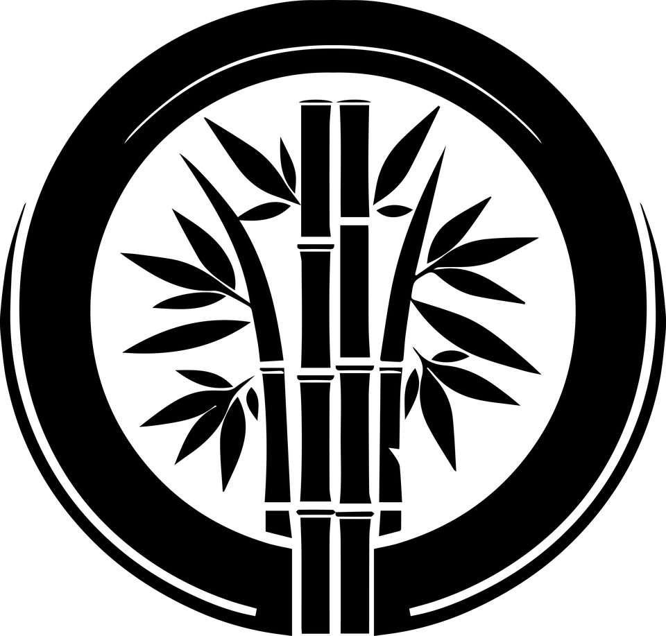 Logo desain bambu minimalis dengan latar belakang lingkaran hitam.