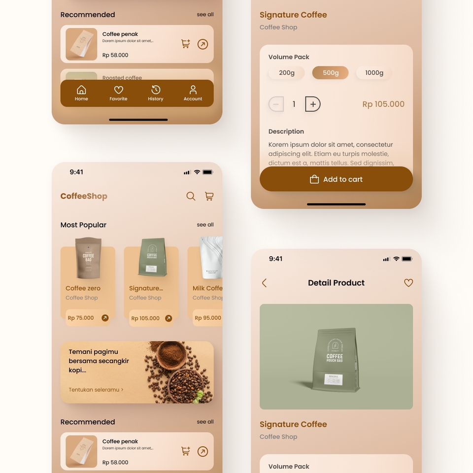 Desain UI UX aplikasi coffee shop dengan desain modern dan minimalis untuk platform freelance.