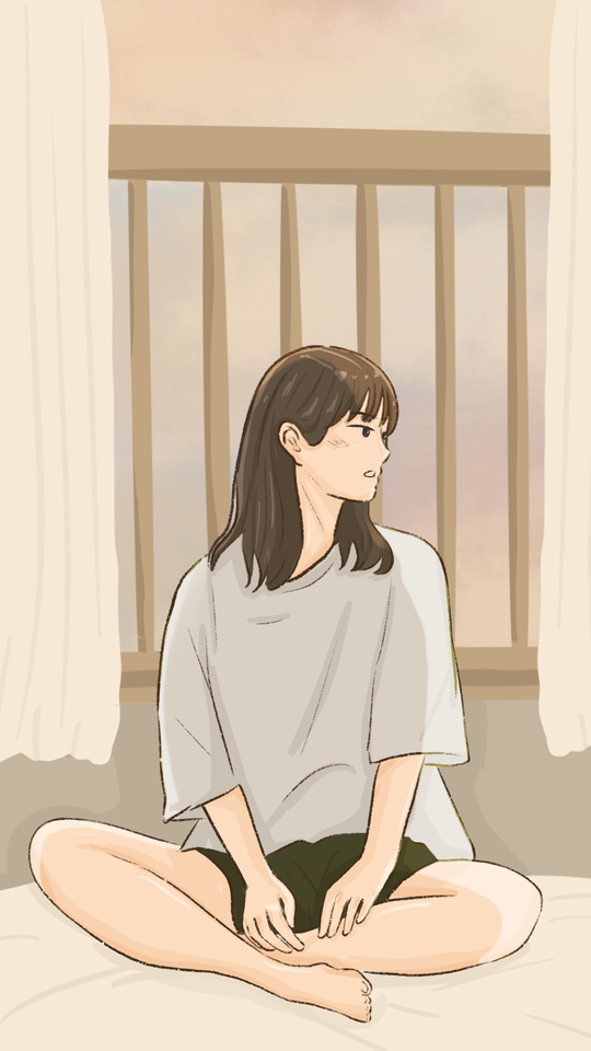 รับวาดภาพประกอบ ภาพหญิงสาวนั่งอยู่บนเตียง