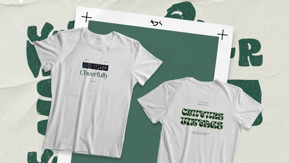 Desain kaos distro keren dengan motif abstrak dan tulisan "Cheerfully" dan "Creative Vibes" cocok untuk pria dan wanita.