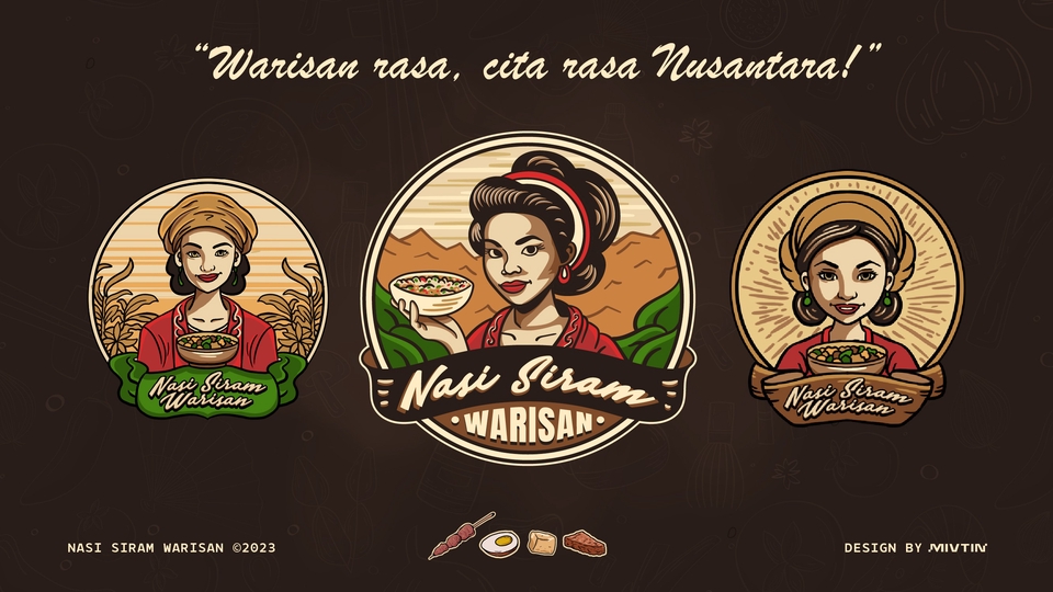 desain logo catering vintage mascot. Elemen khas budaya Indonesia beserta ibu yang menjadi koki