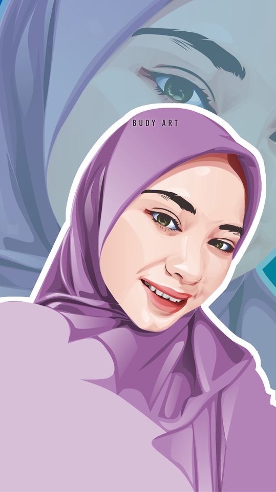 Jasa lukis karikatur wajah wanita hijab dengan desain vektor berwarna ungu.