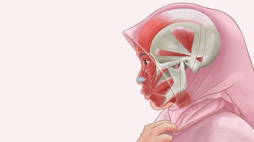 Ilustrasi wanita berhijab dengan otot wajah yang terlihat. Gambar ini cocok untuk jasa ilustrasi medis atau edukasi.