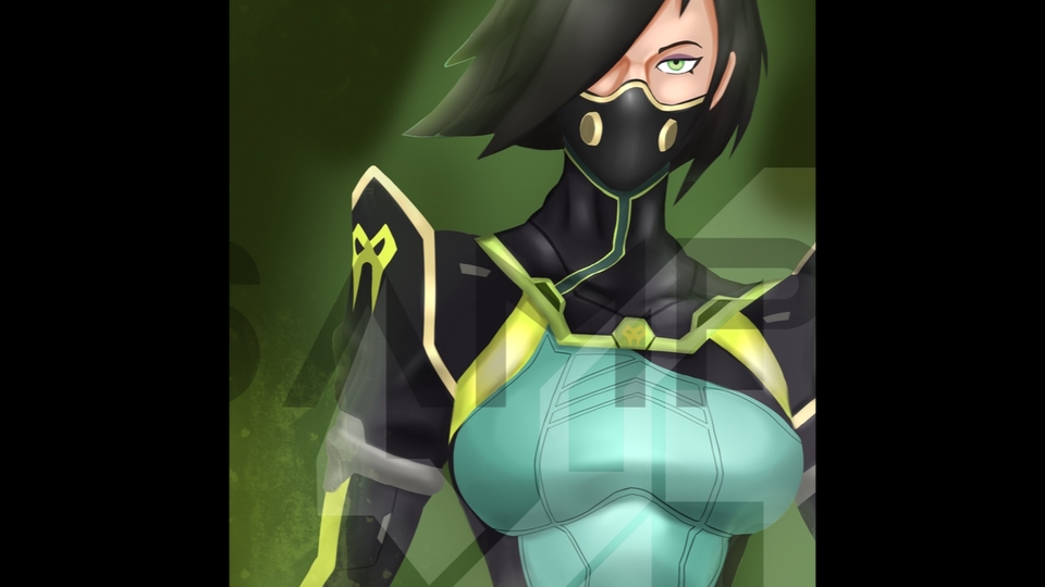 Jasa desain karakter game karakter wanita bertopeng hijau dengan pakaian bertema futuristik