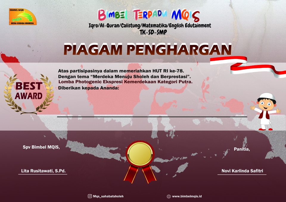 Piagam penghargaan desain terbaik lomba fotogenic ekspresi kemerdekaan kategori putra.