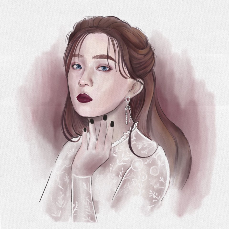 วาดแฟนอาร์ตศิลปินเกาหลี ผู้หญิงผมสีน้ำตาล ใส่ชุดขาว