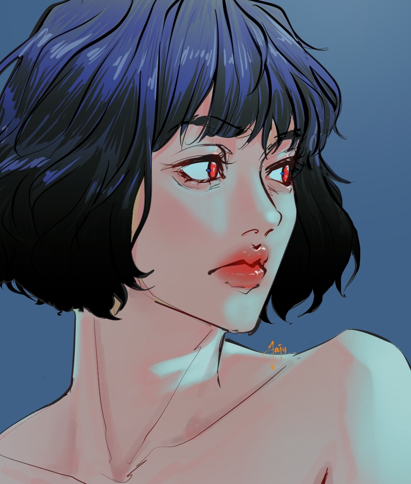 Ilustrasi digital wanita berambut hitam dengan mata merah