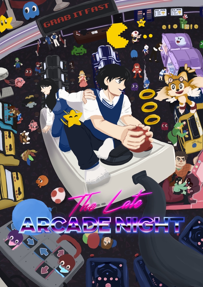Jasa ilustrasi digital seorang pria dan wanita sedang bermain game arcade.