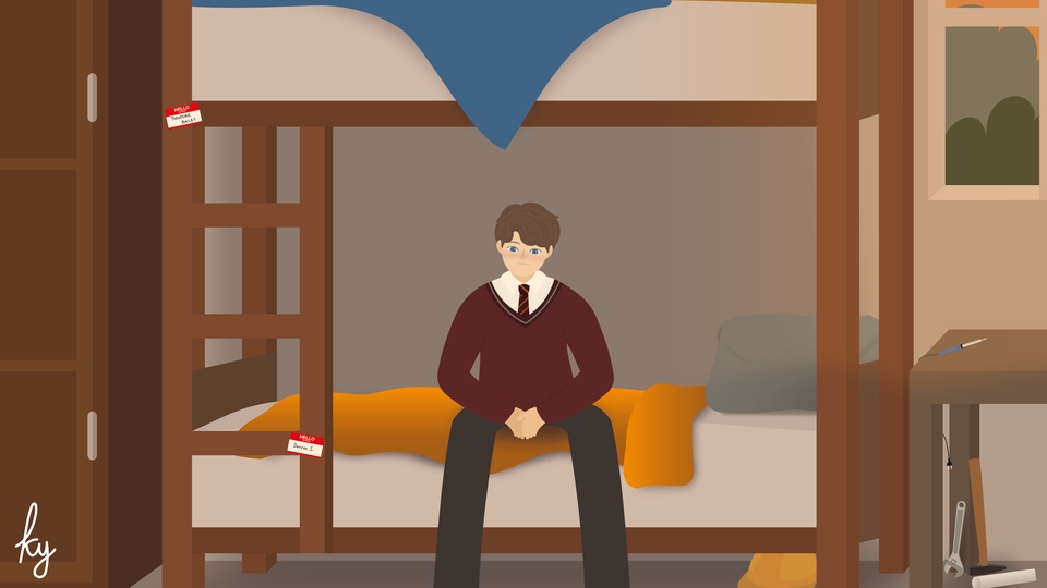 Ilustrasi seorang anak laki-laki duduk di ranjang kamar asrama dengan gaya kartun