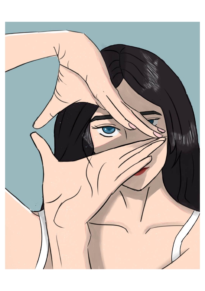 Ilustrasi digital seorang wanita dengan rambut hitam panjang menutupi wajahnya dengan tangannya membentuk bingkai, dengan latar belakang abu-abu.