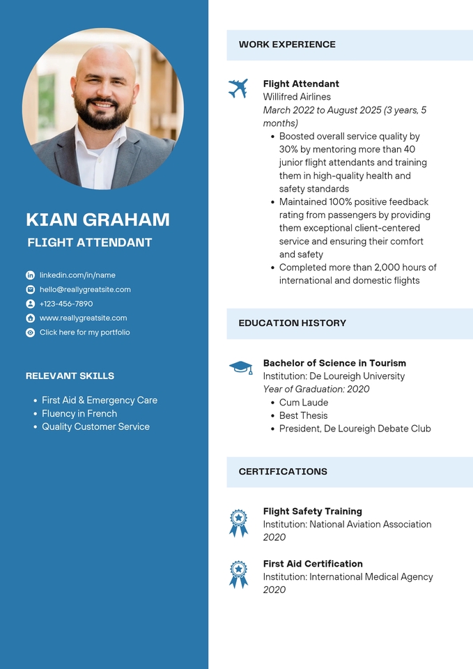 Jasa desain CV profesional untuk Kian Graham, seorang pramugari dengan pengalaman 3 tahun.