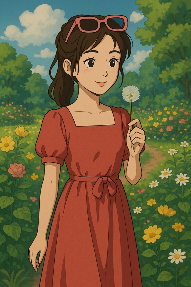 Ilustrasi gadis anime dengan kacamata sedang memegang bunga dandelion di taman.