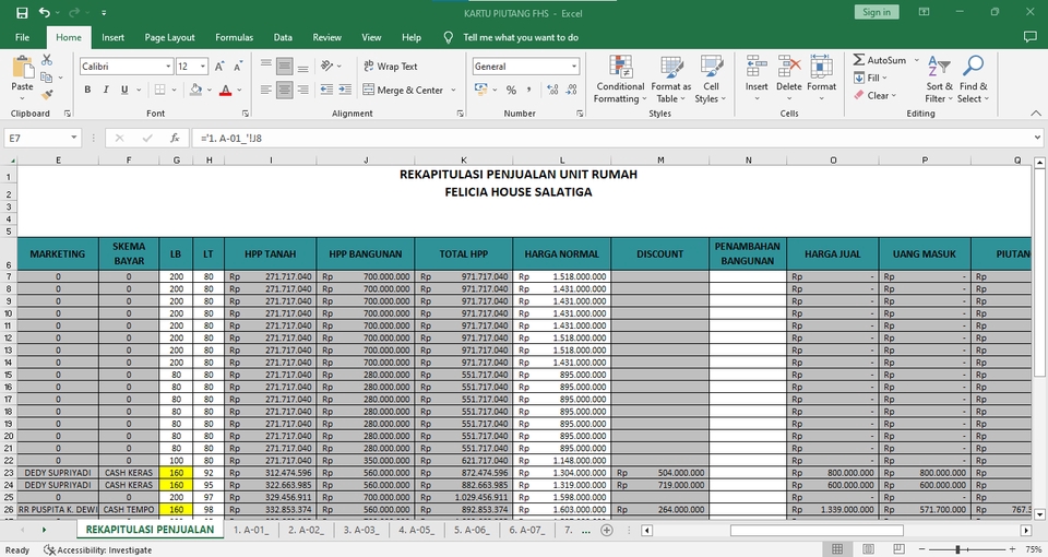 Jasa input data excel rekapitulasi penjualan unit rumah Felicia House Salatiga