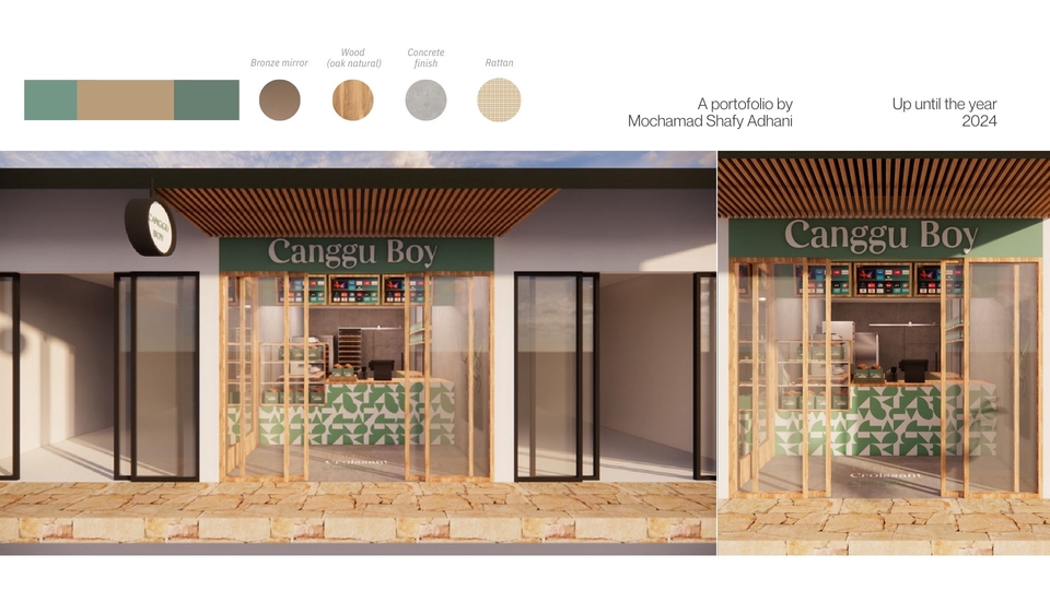 Jasa Desain Eksterior 3D Cafe "Canggu Boy" dengan desain minimalis dan modern.