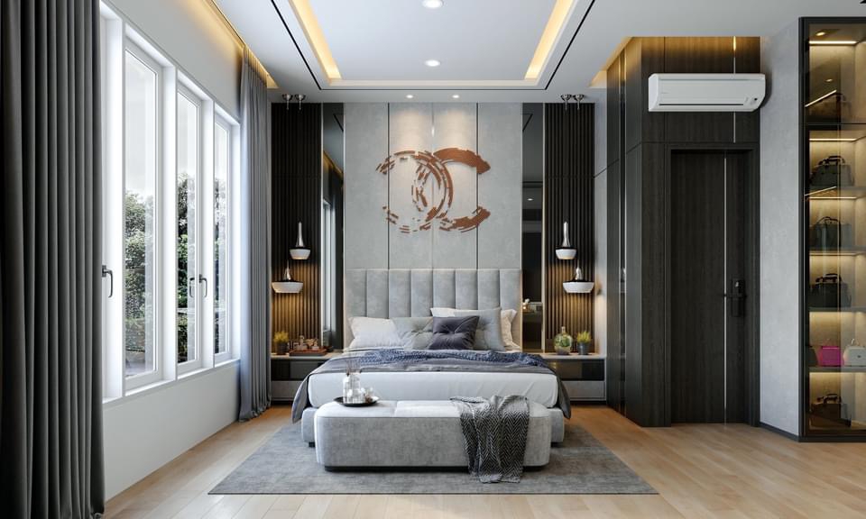 Desain kamar tidur minimalis modern dengan tempat tidur dan lemari pakaian.