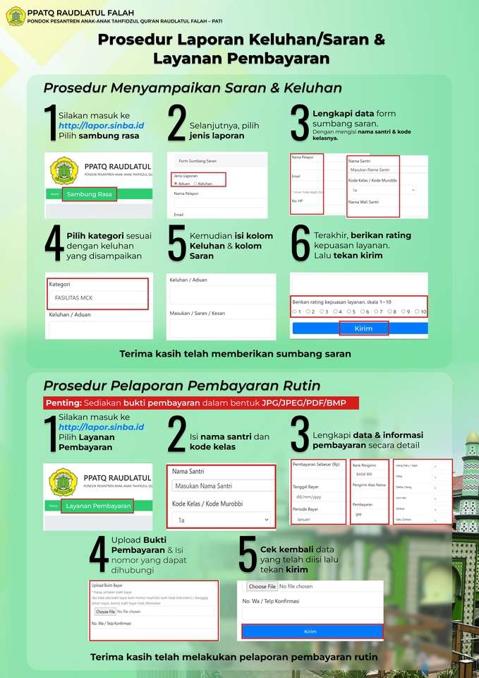 Infografis tentang langkah-langkah prosedur pelaporan keluhan dan saran serta pembayaran di PPATQ Raudlatul Falah.