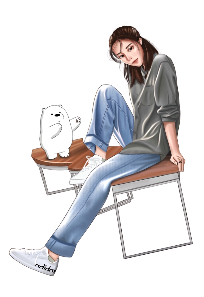 รับวาดภาพเหมือน ผู้หญิงน่ารัก สไตล์การ์ตูน นั่งเก้าอี้ มีหมีขาวอยู่ข้างๆ