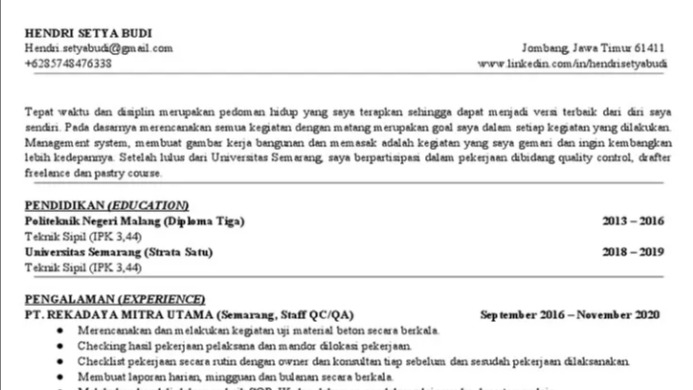 Jasa pembuatan CV - Hendri Setta Budi, portfolio desain CV menarik untuk lamaran kerja