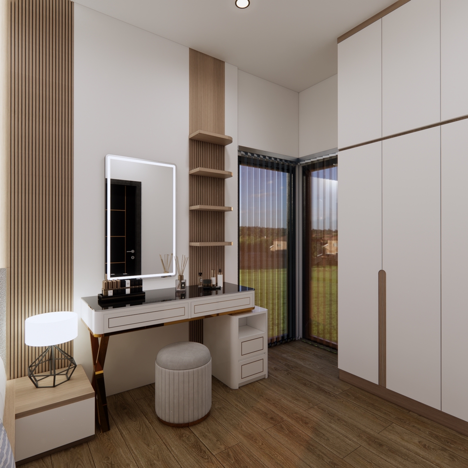 Jasa desain interior rumah minimalis modern dengan desain meja rias dan lemari pakaian