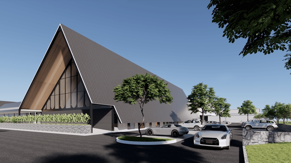 Jasa desain exterior 3d untuk bangunan gereja minimalis modern dengan sketchup.