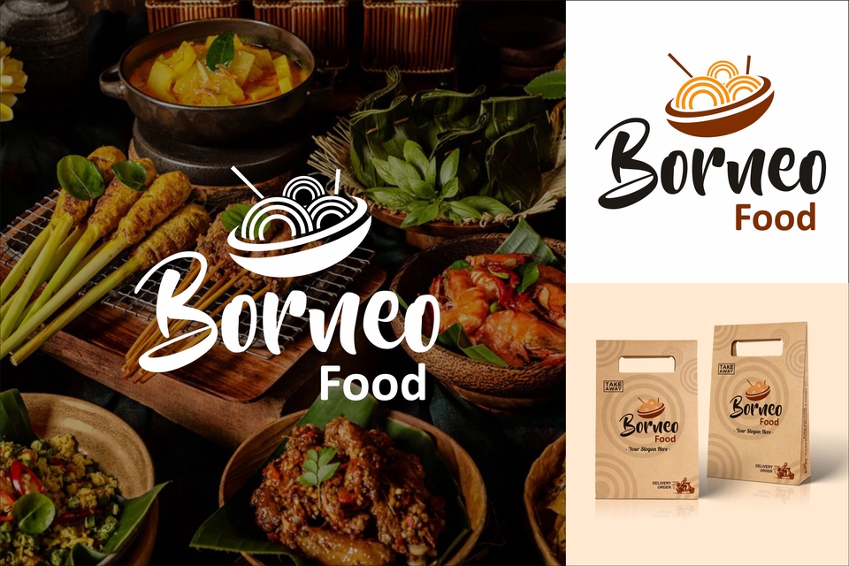 Desain logo restoran, cafe, dan warung makan dengan konsep Borneo Food, cocok untuk usaha kuliner di Kalimantan.