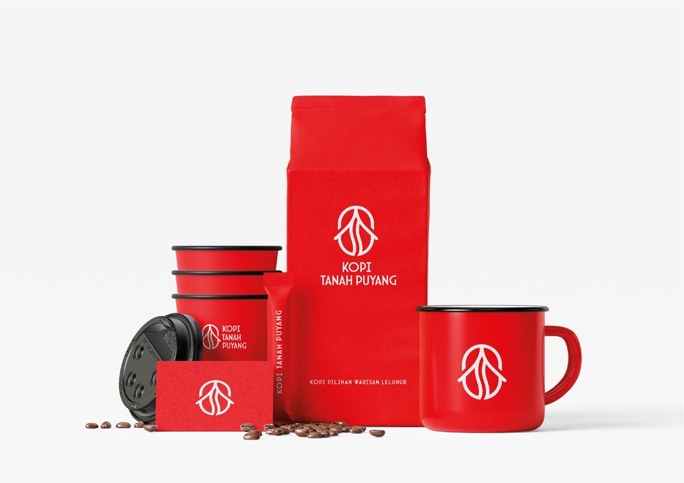 Desain logo untuk kopi tanah puyang dengan warna merah dan putih, cocok untuk bisnis kuliner