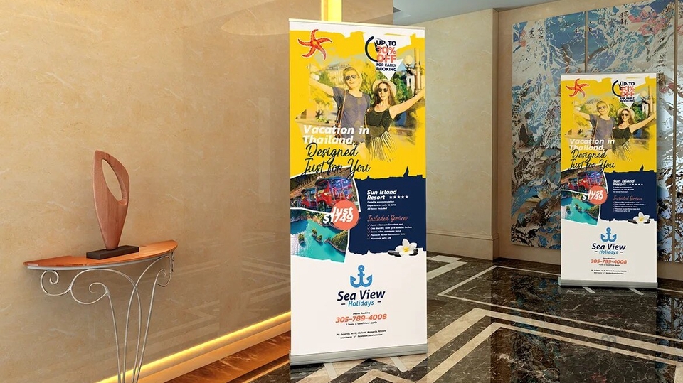 Desain Spanduk Kreatif untuk Promosi Hotel di Thailand - Sea View Holidays.